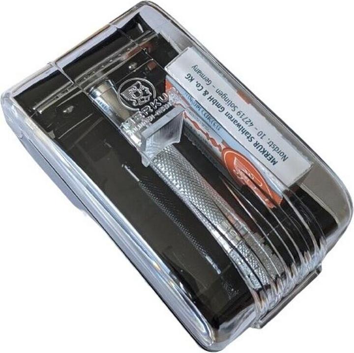 Merkur Classic Safety Razor in Folding Case with Glanzchrom Blades 33C Straight Cut Closed Comb Idea