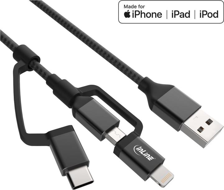 Produktbild InLine 3in1 USB Kabel A Stecker auf Micro-USB Typ-C und Lightning 1,5m schwarz (1.50 m, USB 2.0)