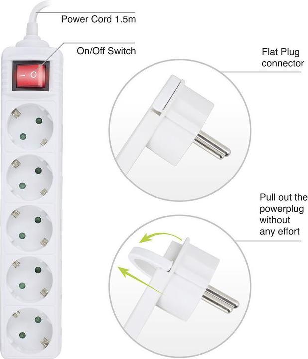 Actual product image Power strip with illuminated switch and flat plug, 5 sockets, 1.5 m, white (5 x, CEE 7/3, 1.50 m)