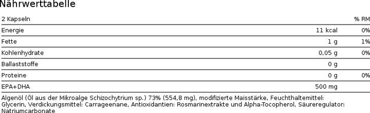 Valeurs nutritives et ingrédients Phytopharma Gélules d'huile d'algues Omegan 3 Vegan (1 pièce(s), Capsules, 75 g)