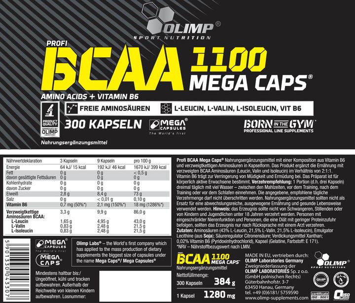 Nährwerte und Zutaten Olimp Sport Nutrition Bcaa 1100 Mega Caps (300 Stück, Kapseln, 387 g)