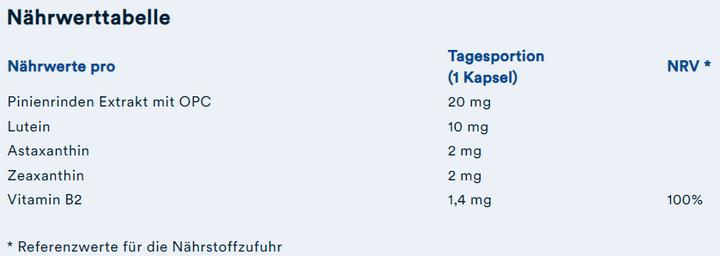 Nährwerte und Zutaten Vita Lutein Complex mit Lutein  Astaxanthin  Heidelbeerpulver (60 Stück, Pulver, Kapseln, 174 g)