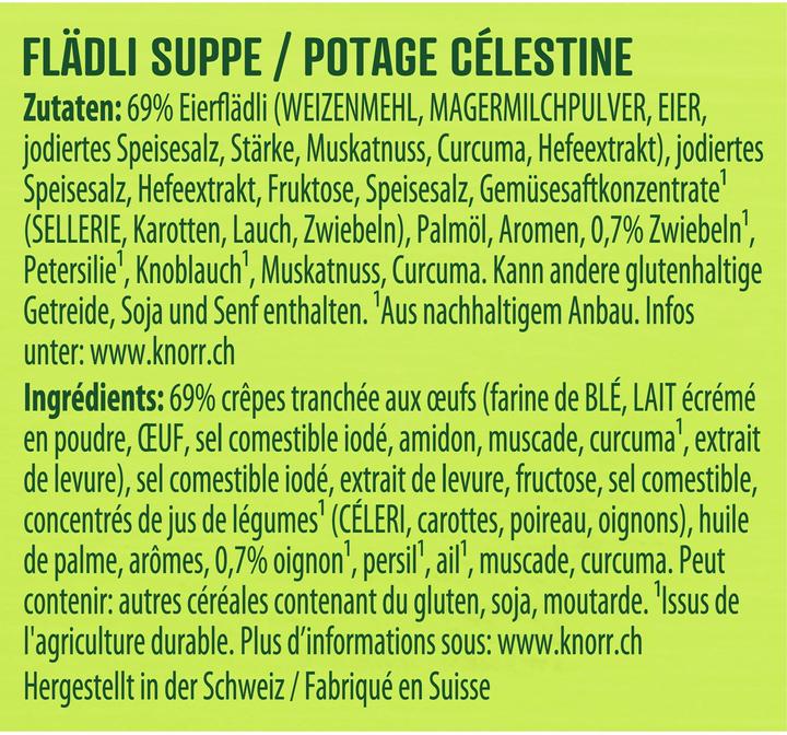 Nährwerte und Zutaten Knorr Flädli Suppe Beutel, Frühlingssuppe mit Teigwaren & Gemüse, frisch und leicht wie der Frühling