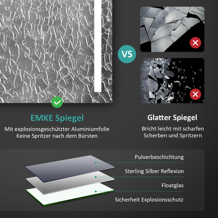 Produktbild Emke Badspiegel mit Beleuchtung 50*70cm, Kaltweiss6500K, Dimmbar, Wand Schalter (70 x 50 cm)