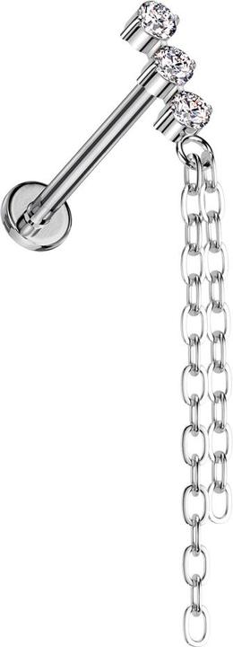 Star Piercing Micro Labret Innengewinde silber drei Kristalle silber Anhänger zwei Ketten (Titan G23, ohne Messing)