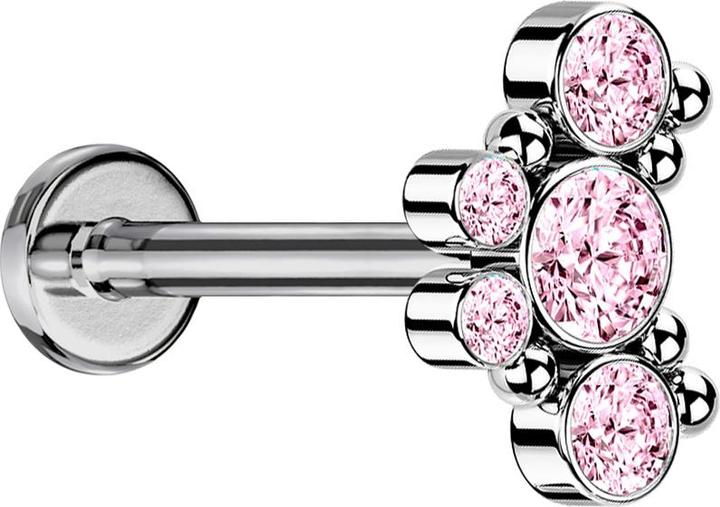 Star Piercing Micro Labret Innengewinde silber sechs Kugeln fünf Kristalle pink (ohne Messing, Chirurgenstahl 316L)