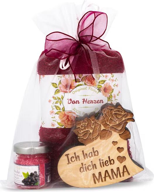 ZNatur Geschenkset Zirben Holz Herz mit Gravur MAMA & Badesalz & Tuch No.28 (Körperpflegeset)