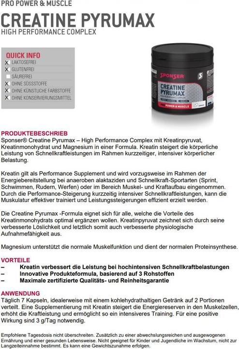 Nährwerte und Zutaten Sponser Creatine Pyrumax (280 Stück, Kapseln, 240 g)