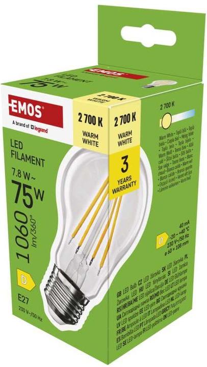 Produktbild Emos LED Lampe Filament A60 / E27 / 7,8 W (75 W) / 1060 lm / Warmweiss (E27, 7.80 W, 1060 lm, 1 x, D)