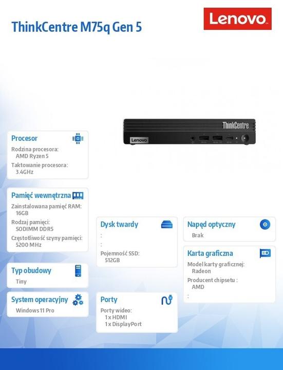 Produktbild Lenovo ThinkCentre M75q G5 Tiny computer 12RQ0013PB W11Pro 8500GE/16GB/512GB/AMD Radeon/3YR OS