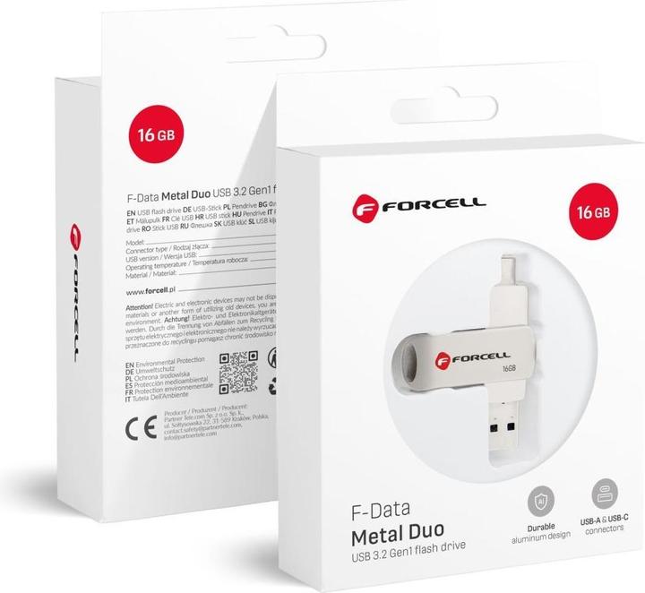 Produktbild Forcell Memory cards F-DATA pendrive Metal Duo 16GB USB3.2 Gen 1 (USB A / Type C) silver (16 GB, USB-A, USB-C)