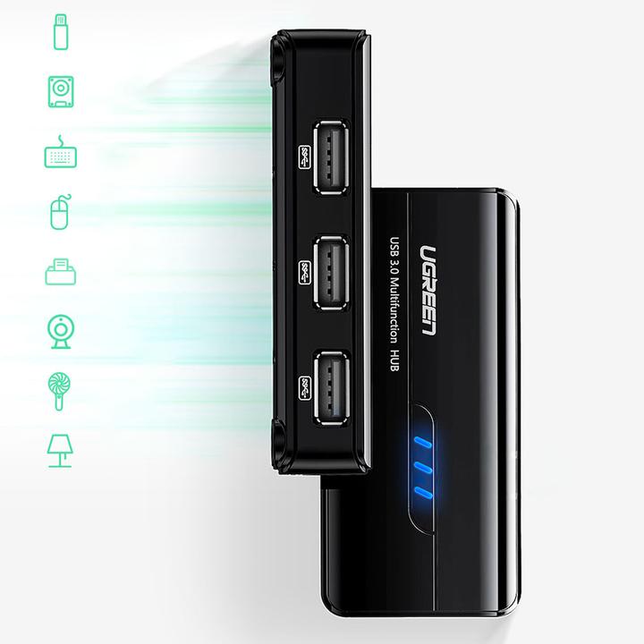 Productafbeelding Ugreen USB 2.0 Hub RJ45 Ethernet Adapter 3+1 poort USB 2.0 Hub Zwart (USB-A, 3 Havens)