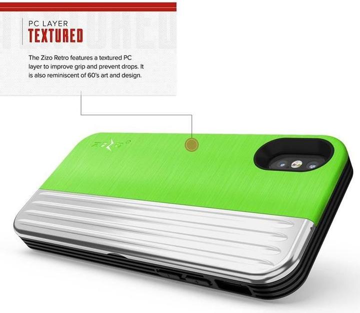Produktbild Zizo Retro Series – iPhone Xs/X-Hülle mit Kartenfach + Ständer + 9H-Glasscheibe (Neongrün/Silber) (Apple iPhone XS)