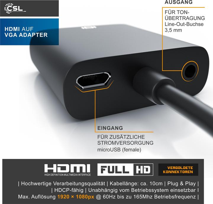 Actual product image CSL HDMI to VGA, 3.5mm jack audio & video adapter, 10 cm, 1080p converter cable, digital to analogue (VGA, 20 cm)