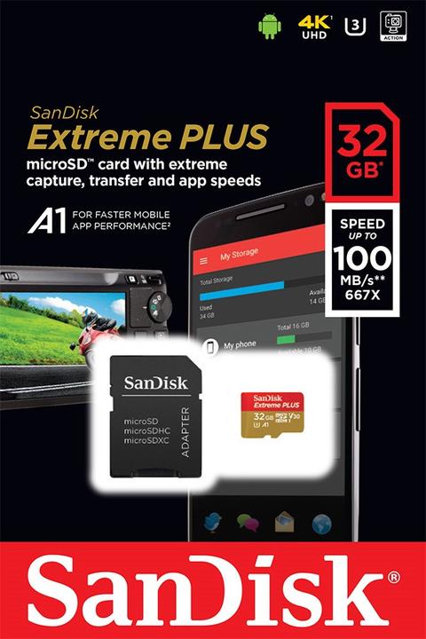 Produktbild SanDisk microSDHC 100MB A1 32GB Extreme Plus (32 GB, microSDHC, U3, UHS-I)