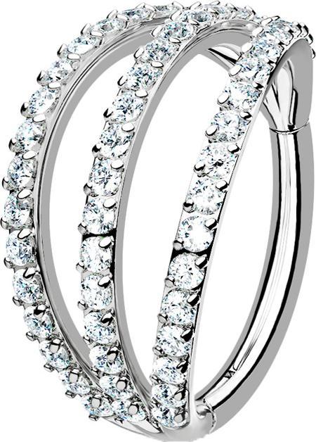 Actual product image Star Piercing Micro segment ring hinged silver three rings with crystals (without brass, Surgical steel 316L)