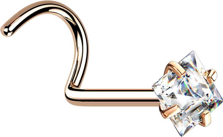 Star Piercing Nasenstecker gebogen rosegold quadratischer Kristall silber gefasst (Chirurgenstahl 316L)