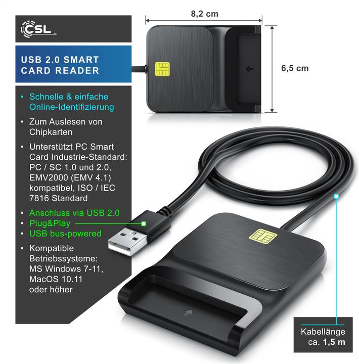 Produktbild CSL USB Chipkartenleser, SmartCard/SIM Reader, Plug&Play, kompatibel mit Mac OS X & Windows 7-11 (USB)