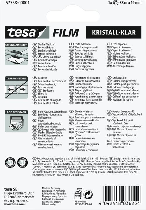 Image du produit tesa 1x tesafilm KRISTALL-KLAR, très transparent, résistant au vieillissement, à forte adhérence (19 mm)