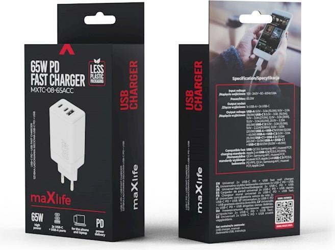 Produktbild Maxlife MXTC-08-65ACC PD QC Ladegerät 2x USB-C 1x USB 65W weiss (65 W)