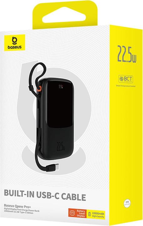 Immagine prodotto Baseus Powerbank Qpow Pro+ 10000mAh 22,5W con cavo USB-C integrato e display - nero (10000 mAh, 22.50 W, 37 Wh)