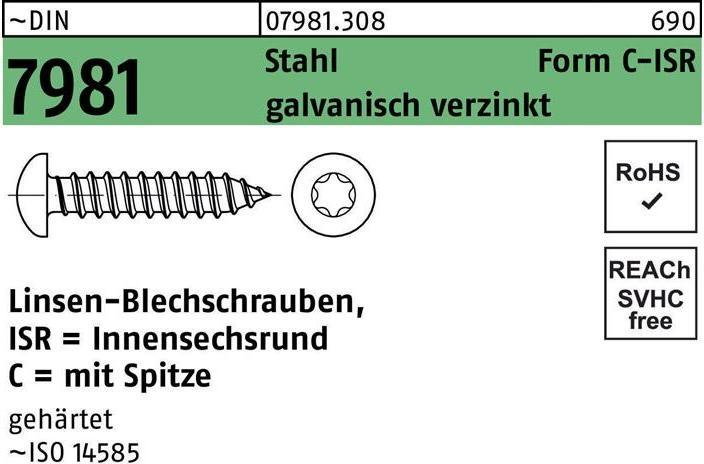 Produktbild Reyher Blechschraube DIN 7981 LIKO m.Innensechsrund 5,5 x 16 -C-T25 Stahl galvanisch verzinkt m.Spitze (500 Schrauben pro Stück)
