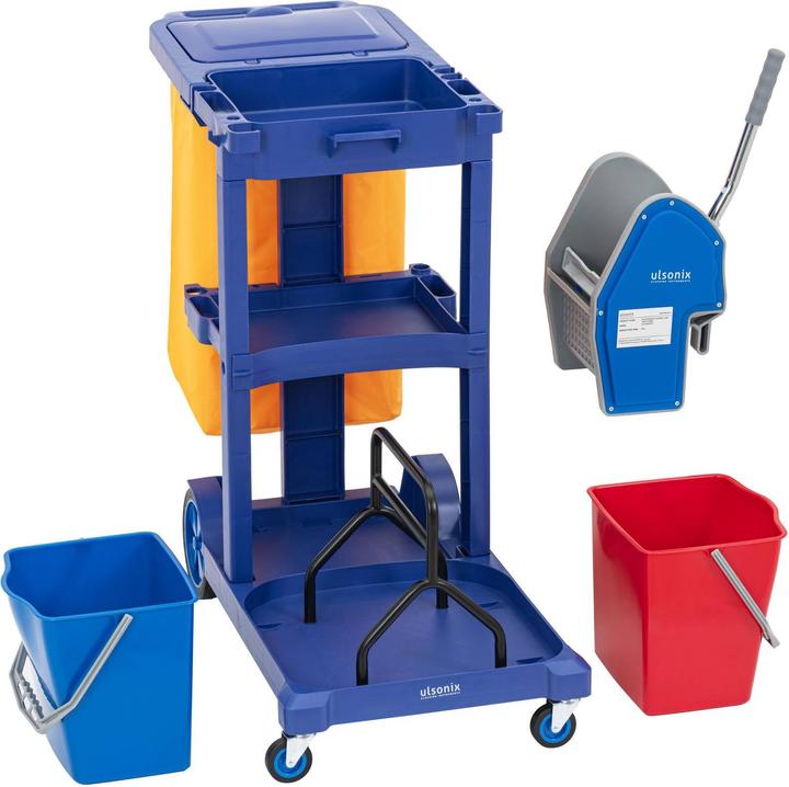 Produktbild Ulsonix Reinigungswagen Putzwagen mit Presse, 2 Eimern, 3 Ablagen, 65-l-Sack 200 kg (200 kg)