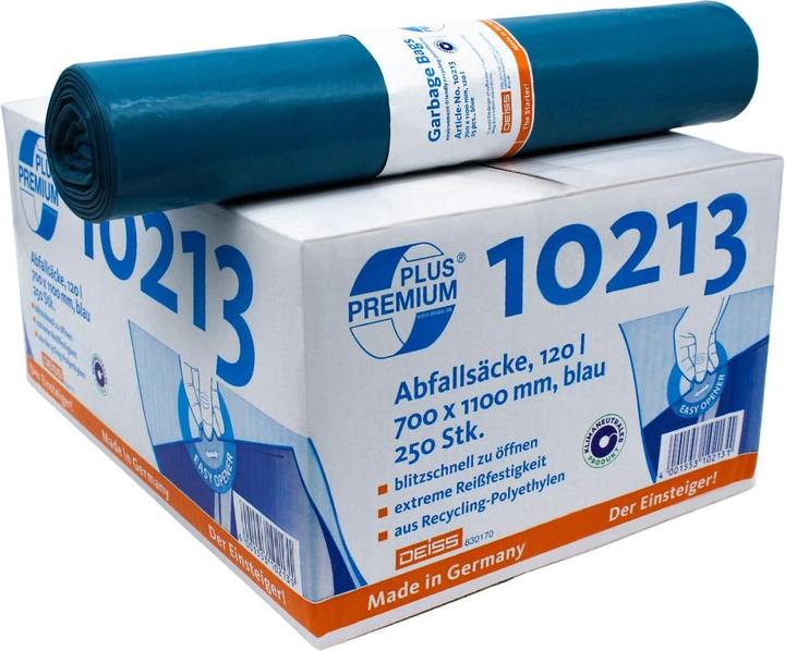 Deiss PREMIUM PLUS, 120 l waste sacks, blue, pack of 250, material thickness 31 µm. (1 x, 120 l)