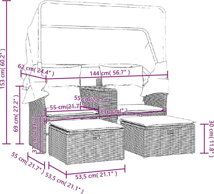 Produktbild VidaXL Gartensofa 2-Sitzer mit Dach und Hockern
