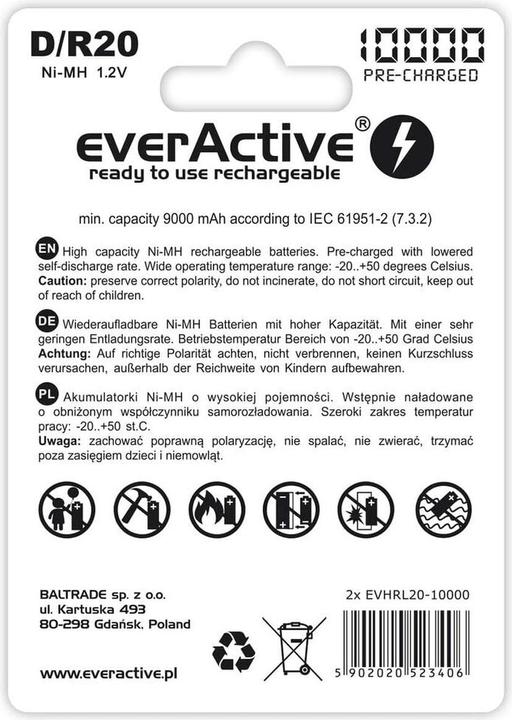 Actual product image Everactive Rechargeable Batteries R20/D Ni-MH 10000 mAh ready to use - Battery - Mono (D) (1 pcs., D, 10000 mAh)