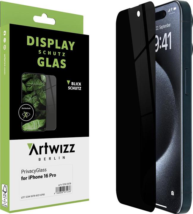 Produktbild Artwizz PrivacyGlass Bildschirmschutz iPhone 16 Pro (1 Stück, Apple iPhone 16 Pro)
