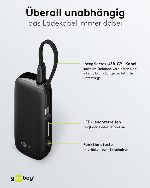 Image du produit Goobay Powerbank 5.000 mAh mit integriertem USB-C-Kabel (5000 mAh, 15 W, 15 Wh)