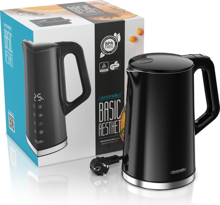 Produktbild Arendo Wasserkocher 1,7 L aus Edelstahl, Temperatureinstellung 40°-100°C mit Anzeige, Doppelwand, 2200 W (1.70 l)