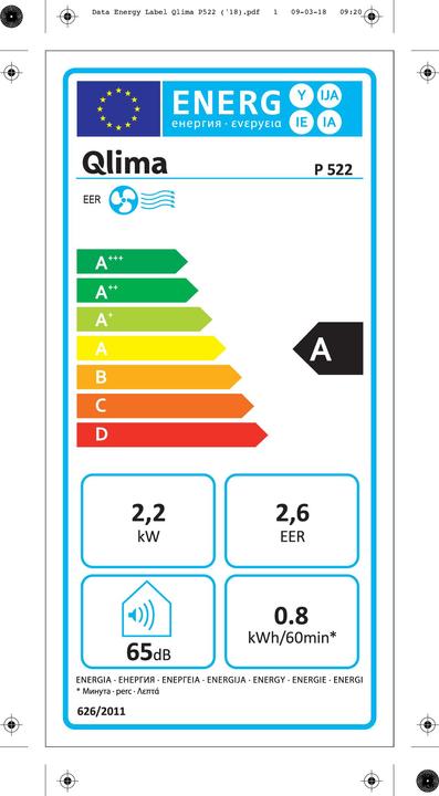 Energy Label Qlima P 522 - Mobiele airco (7506.71 BTU/h)