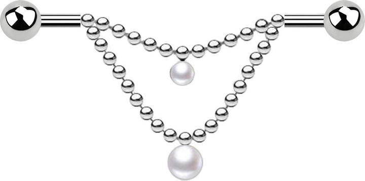 Star Piercing Barbell silber zwei Kugeln zwei Ketten Perle weiss (Chirurgenstahl 316L)