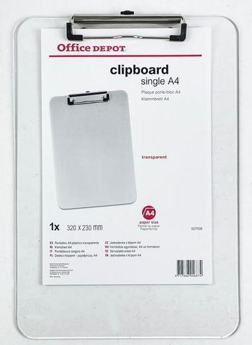 Produktbild Office Depot Klemmbrett Transparent A4 Polystyrol (22.5 x 31.5 cm)