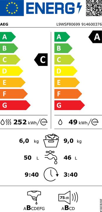 Energy Label AEG L9WSF80699 Washer-dryer with heat pump Washer-dryer Series 9000 with SensiDry