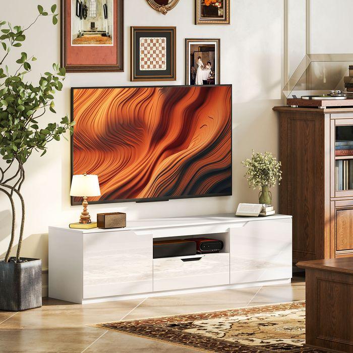Produktbild Swisshandel24 Hochglanz TV-Lowboard für Fernseher bis 65 Zoll, 3 Fächer, Schublade, Weiss (160 x 38 x 43 cm)