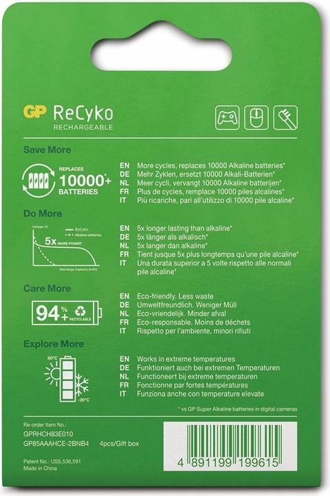 Produktbild GP Batteries ReCyko (4 Stk., AAA, 850 mAh)