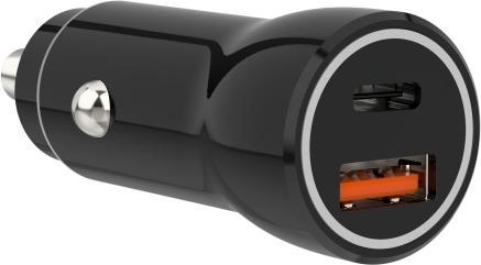 Sinox 12V dobbelt USB biloplader. USB A 18W + USB C 20W. Sort