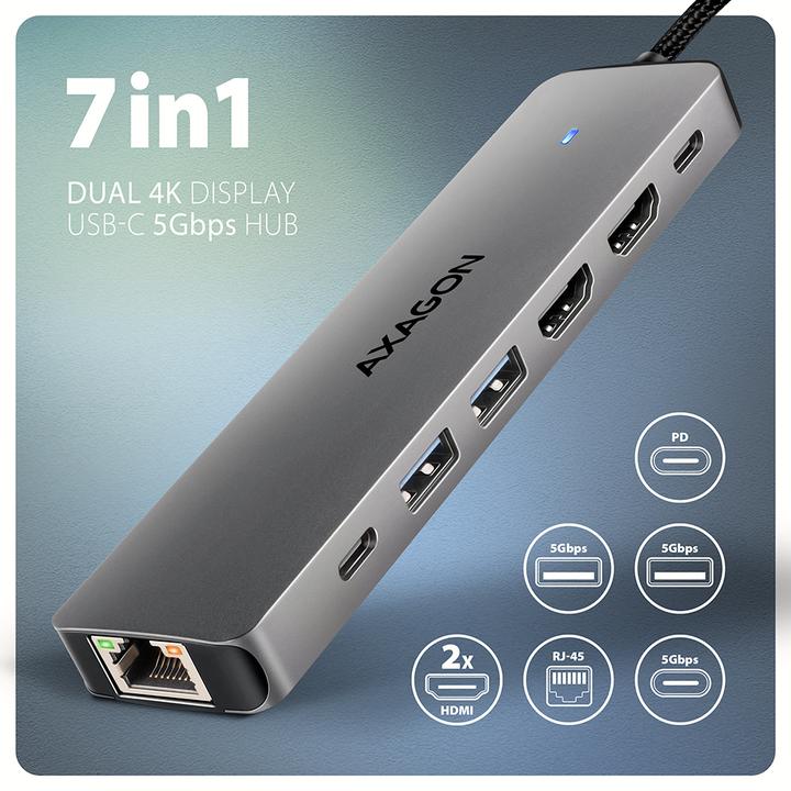 Actual product image Axagon HMC-7HX2 USB-C 5Gbps DUAL 4K DISPLAY 7in1 hub (USB-C, 7 Ports)