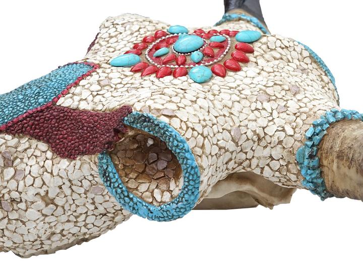 Produktbild Swisshandel24 Deko Kuhschädel HWC-D31, Stierkopf Bulle Tierkopf Kuhkopf Trophäe mit Mosaik, Polyresin 51x50x25cm
