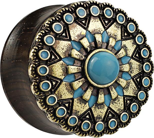 Star Piercing Flared Plug aus Ebenholz mit Tribal Sonne und türkis Stein (Mineralisch, Messing, Organisch)