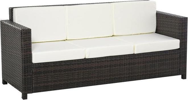 Produktbild Swisshandel24 Poly-Rattan Sofa mit Kissen 3-Sitzer Garten Loungesofa Metall Polyester Braun+Weiss 185 x 70 x 80 cm