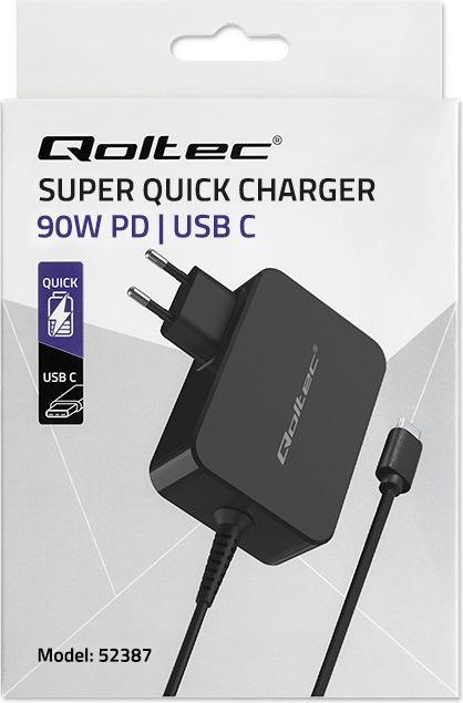 Actual product image Qoltec Ładowarka GaN POWER PRO | 1xUSB-C | 90W | 5-20V | 3-4.5A | Czarna (90 W)