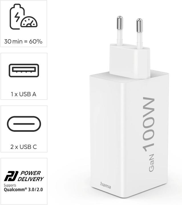 Produktbild Hama Schnellladegerät GaN, 2x USB-C PD, 1x USB-A Q (100 W)