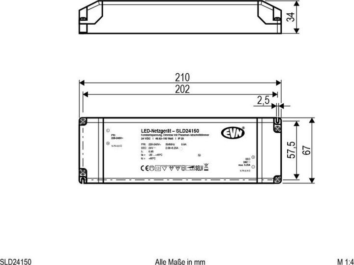 Image du produit EVN-Lichttechnik Alimentation LED IP20 50-150W SLD24150 ** dimmable phase 24V/DC 210x67x34mm