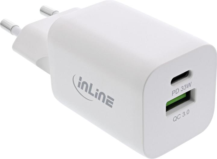 InLine USB power adapter, charger, USB-A + USB-C, 33W, Power Delivery + Quick Charge, white (33 W)