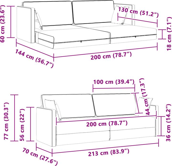 Produktbild VidaXL Boden-Sofa-Bett 2-in-1 Blau 213x144x60 cm Samt