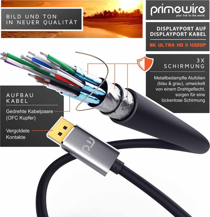 Image du produit Primewire Câble DisplayPort, DP 1.4, câble moniteur premium 8K 7680 x 4320 @ 60 Hz - 4k @ 120 Hz avec DSC (1 m, DisplayPort)